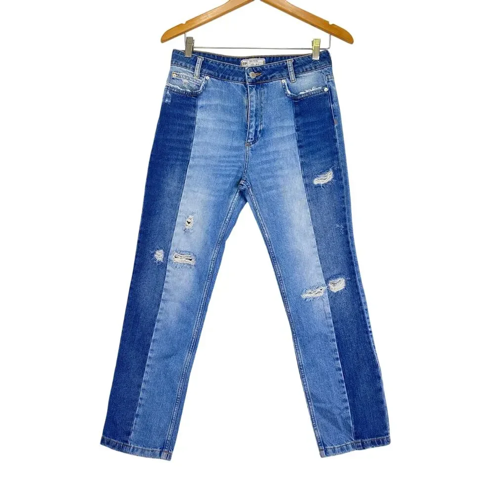 Free People Patchwork 2 Tone Boyfriend Jeans Sz 27 High Rise Cropped Distressed - Picture 2 of 12
